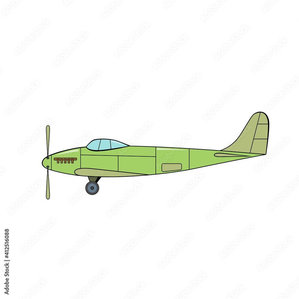 Green aeroplane in cartoon style on white background.