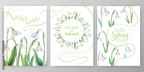 Set of vector cards with spring flowers. Collection of cards with watercolor snowdrops. Frames and backgrounds on a spring theme for your design
