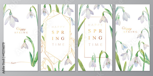 Set of vector cards with spring flowers. Collection of cards with watercolor snowdrops. Frames and backgrounds on a spring theme for your design