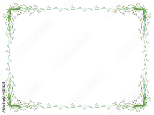 Snowdrops vector frame. Watercolor painted snowdrops and leaves on white background. Natural spring design for holiday, greeting, and invitation cards.