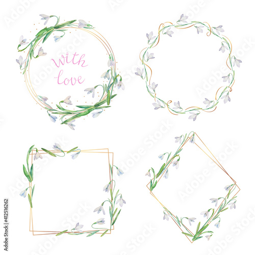 Floral watercolor Frame Collection with spring flowers. Set of cute retro snowdrops arranged in the shape of the circle for greeting, wedding invitations, and birthday cards