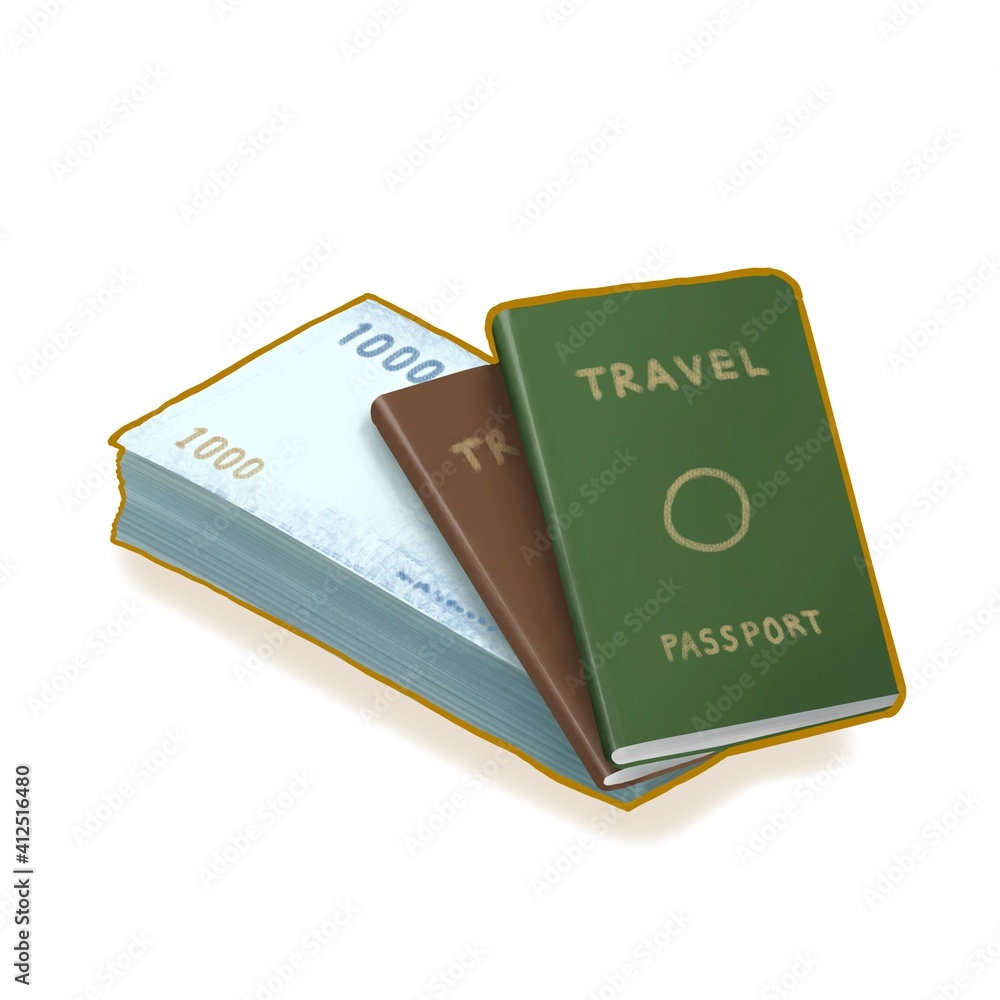 Travel passport, a digital painting of green and brown passport books with pocket money for foreign traveler isometric cartoon icon raster 3D illustration on white background. Travel passport, a digital painting of green and brown passport books with pocket money for foreign traveler isometric cartoon icon raster 3D illustration on white background.