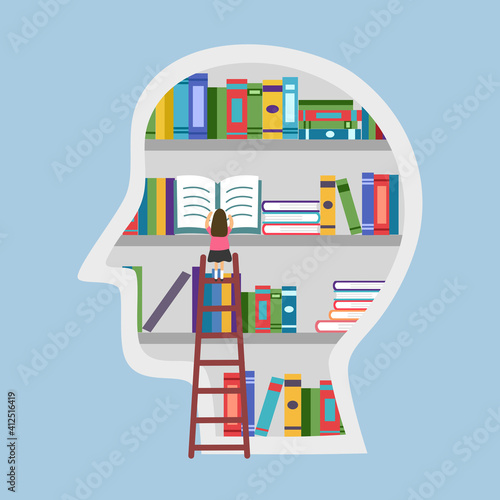 Girl reading book on bookshelf inside human head in flat design. Knowledge and wisdom concept.