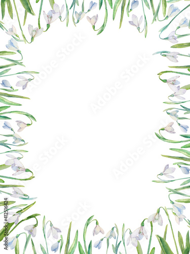 Snowdrops vector frame. Watercolor painted snowdrops and leaves on white background. Natural spring design for holiday, greeting, and invitation cards.
