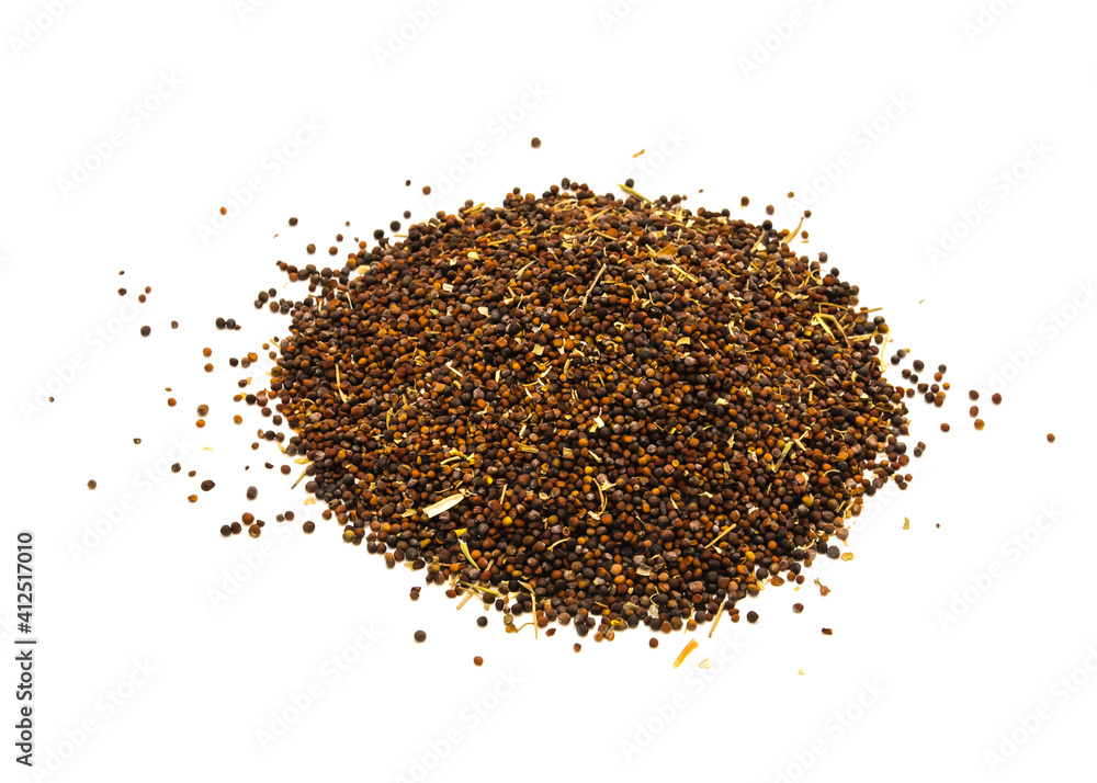 Top view group of fresh harvested Kailan (Chinese broccoli kale) seeds isolated on white background Top view group of fresh harvested Kailan (Chinese broccoli kale) seeds isolated on white background