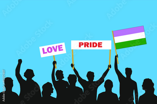 Vector illustration of the crowd that is expressing its attitude regarding to Genderqueer pride on white background. Love and Pride posters.