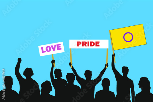 Vector illustration of the crowd that is expressing its attitude regarding to Intersex pride on white background. Love and Pride posters.