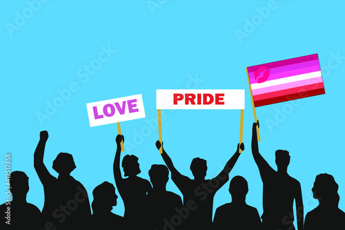 Vector illustration of the crowd that is expressing its attitude regarding to Lipstick lesbian pride on white background. Love and Pride posters.