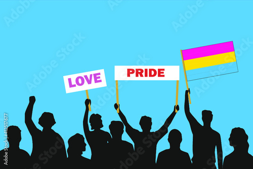 Vector illustration of the crowd that is expressing its attitude regarding to Pansexual pride on white background. Love and Pride posters.