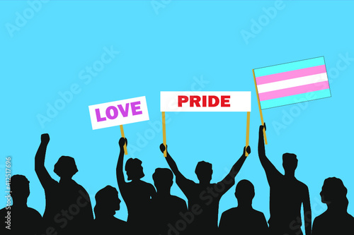 Vector illustration of the crowd that is expressing its attitude regarding to Transgender pride on white background. Love and Pride posters.