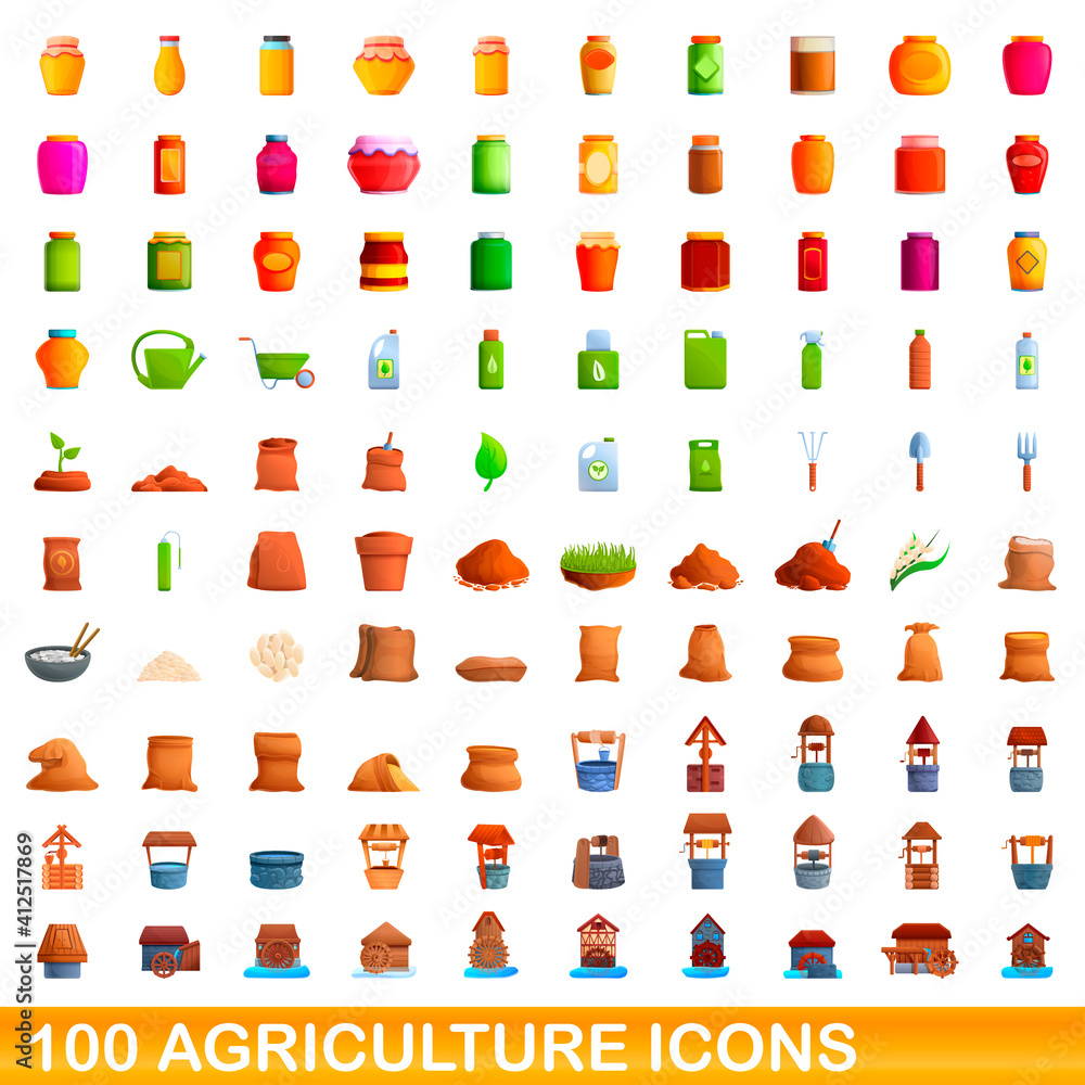 Fototapeta premium 100 agriculture icons set. Cartoon illustration of 100 agriculture icons vector set isolated on white background