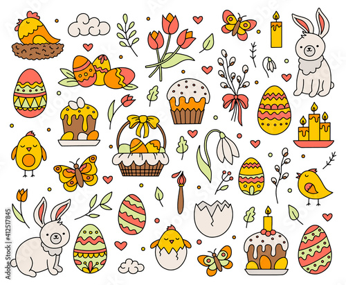 Fototapeta Naklejka Na Ścianę i Meble -  Happy Easter set of icons in the hand drawing Doodle style. A festive vector concept with traditional elements, eggs, bunnies and chickens.