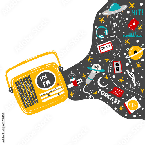 Radio world day. Radio podacsts and online education. Radio, waves, microphone, records and headphones.