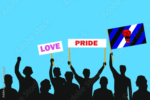 Vector illustration of the crowd that is expressing its attitude regarding to Gasmask fetish pride on white background. Love and Pride posters.