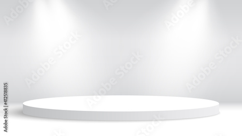 White round podium and spotlights. Pedestal. Vector illustration.