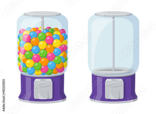 Gumball machine, dispenser with colored bubble gums and sweets. Vector cartoon set of empty purple vending machine and full of round chewing candies isolated on white background