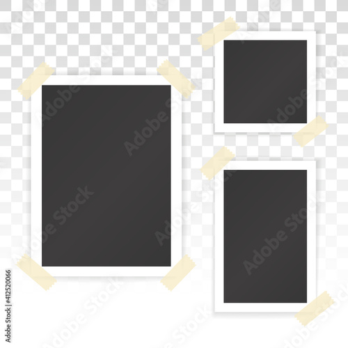 Collage of blank photographs with stickers isolated on transparent background. Vector mockup of album page with white photoframes in different sizes