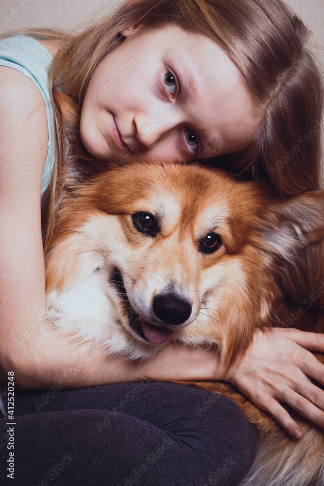 portrait of a girl with a dog corgi portrait of a girl with a dog corgi