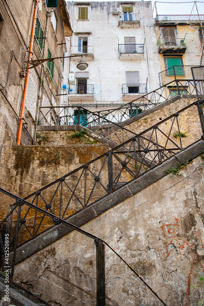 Criss-crossing stairways from street level in Naples, Italy