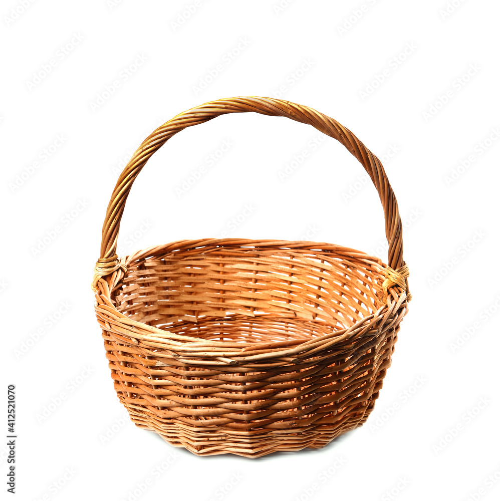 Empty wicker basket isolated on white. Easter item