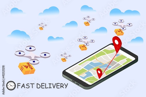 Fast drone delivery of pizza, food delivery concept illustration, drone control, delivery anywhere in the city. Vector EPS10