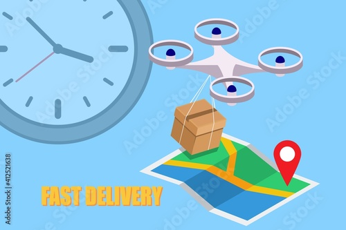 Fast quadcopter delivery boxes, packaging, illustration concept of modern delivery, quadcopter control. Vector EPS10