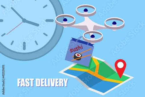 Fast quadcopter delivery sushi in a package, food delivery concept illustration, quadcopter control, delivery anywhere in the city. Vector EPS10