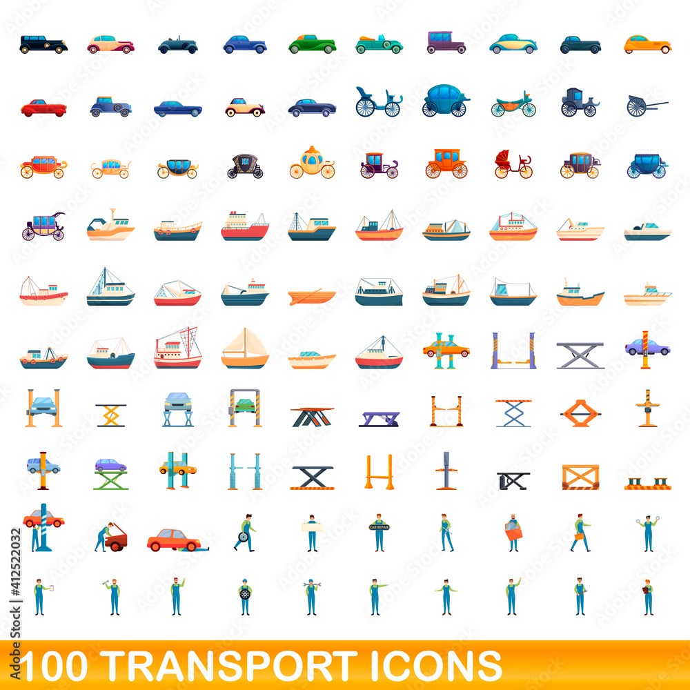 Fototapeta premium 100 transport icons set. Cartoon illustration of 100 transport icons vector set isolated on white background