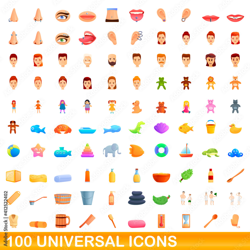 100 universal icons set. Cartoon illustration of 100 universal icons vector set isolated on white background 100 universal icons set. Cartoon illustration of 100 universal icons vector set isolated on white background