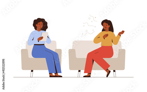 Fototapeta Naklejka Na Ścianę i Meble -  Female psychotherapist has an Individual session with her patient and sees positive results. Happy Woman sits on the sofa and excitedly tells something to her counselor. Talk therapy concept. Vector