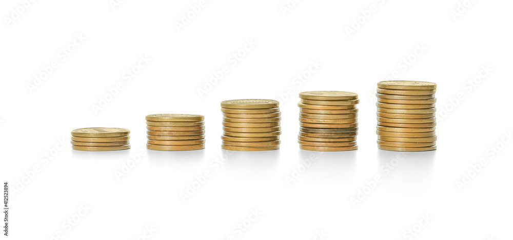 Stacked coins on white background. Investment concept Stacked coins on white background. Investment concept