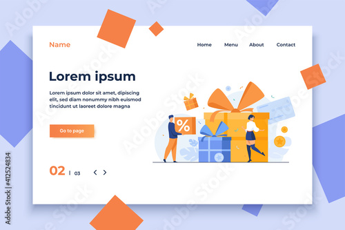 Loyalty program concept. People getting gifts and rewards from store, bonus points, discount. Flat vector illustration for promotion, commerce, sale, marketing topics