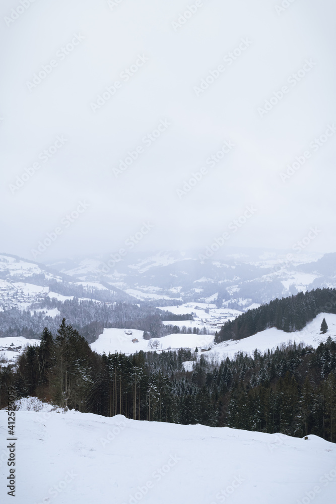 Vertical view from the Hündlekopf with fog in Allgäu, Germany