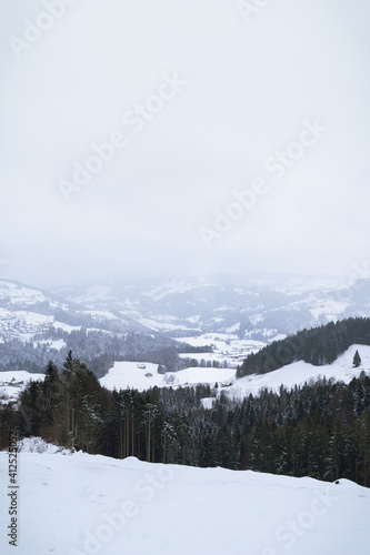 Vertical view from the H  ndlekopf with fog in Allg  u  Germany