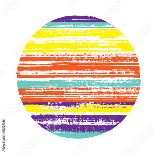 Abrupt circle vector geometric shape with striped texture of ink horizontal lines. Old paint texture disc. Label round shape circle logo element with grunge background of stripes.
