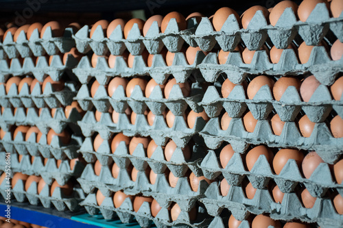 Chicken eggs in cardboard box on shelves.