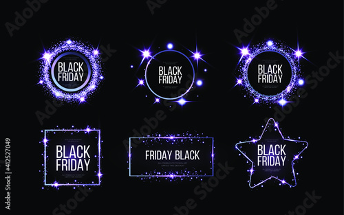 Black friday banner mockup.  A festive golden, glowing frame that is strewn with gold dust.