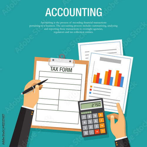 Vector illustration of office table top view of an accountant calculating tax. Suitable for backgrounds from corporate finance, taxation, and financial planning.  Tax form illustration.