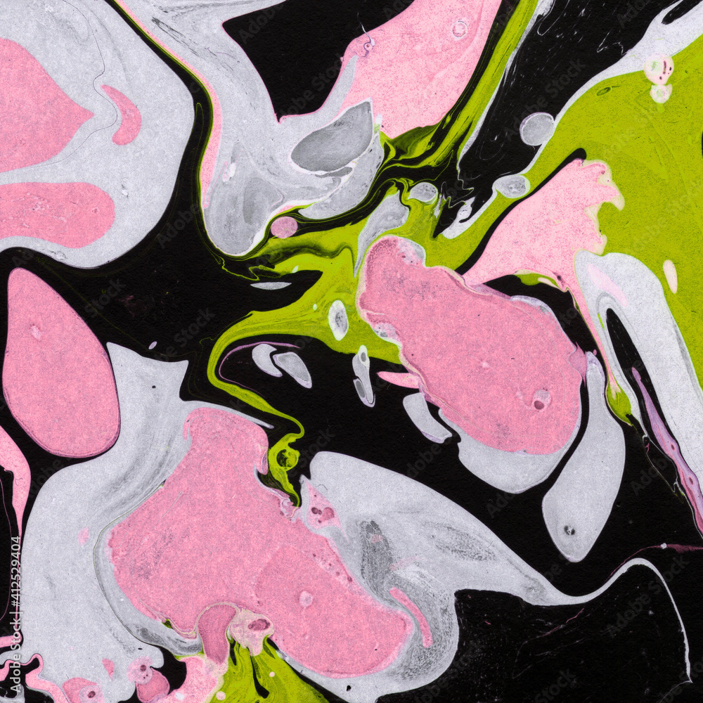 Obraz premium Colorful marble ink texture on watercolor paper background. Marble stone image. Bath bomb effect. Psychedelic biomorphic art.