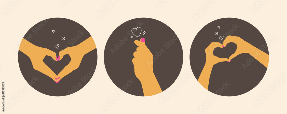 Heart shaped hands. Round icons of love and romance concept. Social media covers. Vector flat isolated illustrations for design.
