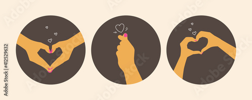 Heart shaped hands. Round icons of love and romance concept. Social media covers. Vector flat isolated illustrations for design.