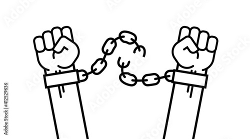 Many a man s fist, broken chains, shackles. Vector Isolated line illustration human hands raised up, art concept of resistance, strength, majority, fight, defending rights of society.