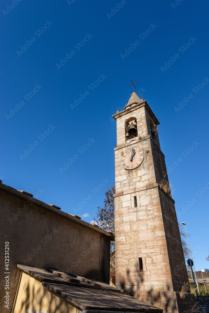 Ancient Bell Tower (1909) of the Church of San Carlo Borromeo in the small village of Camposilvano, Velo Veronese municipality, Lessinia Plateau, Verona province, Veneto, Italy, Europe.