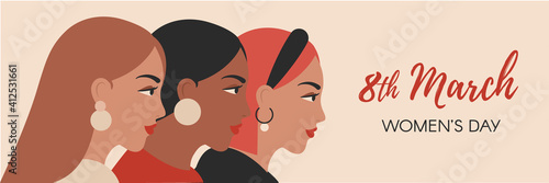 Vector banner for Women's Day. 8 march international womens day flyer with female portraits in minimal style. Cultural diversity concept with girl profiles