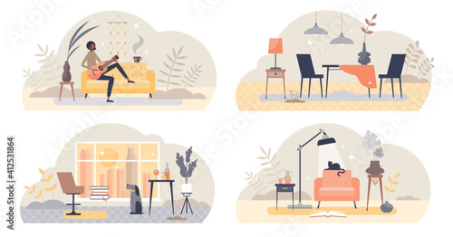 Living room elements and objects with interior view tiny persons concept