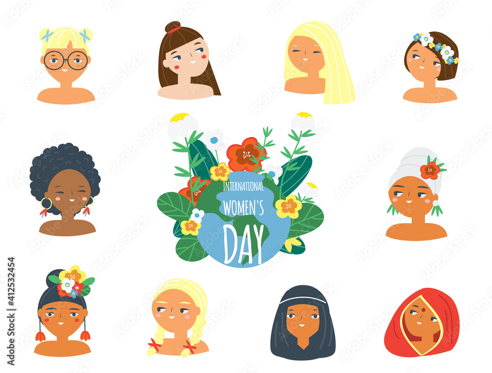 international women day card with females of different nationalities, ethnicity. Global Girls faces avatars for 8 march celebration card international women day card with females of different nationalities, ethnicity. Global Girls faces avatars for 8 march celebration card