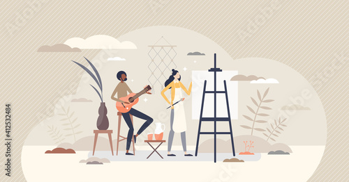 Hobbies activity or artist creative skills and talent tiny persons concept