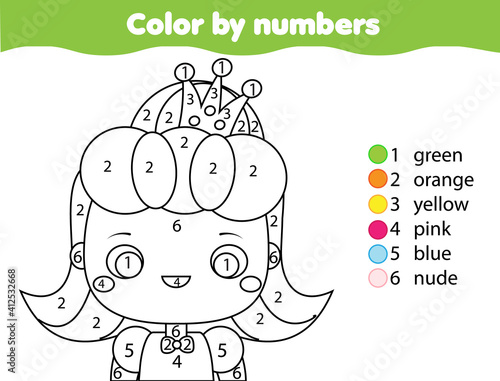 Coloring page for kids. Educational children game. Cute princess girl Color by numbers activity
