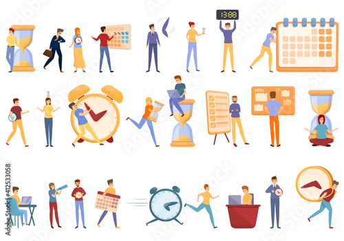 Time management icons set. Cartoon set of time management vector icons for web design