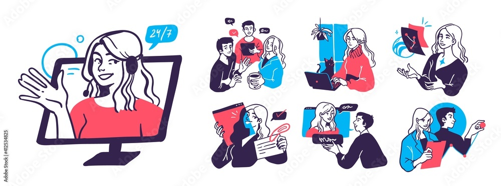 Fototapeta premium Business Concept illustrations. Collection of scenes with men and women taking part in business activities